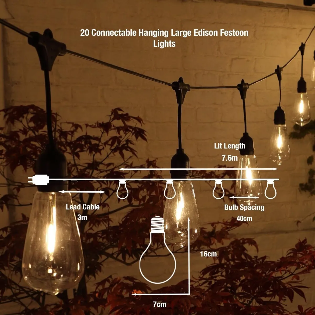 Hanging Connectable Festoon Lights 20 LED Bulbs - Image 3