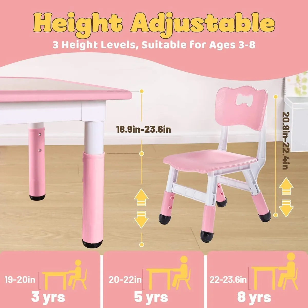 Kids Table and 2 Chairs Set Height Adjustable - Image 3