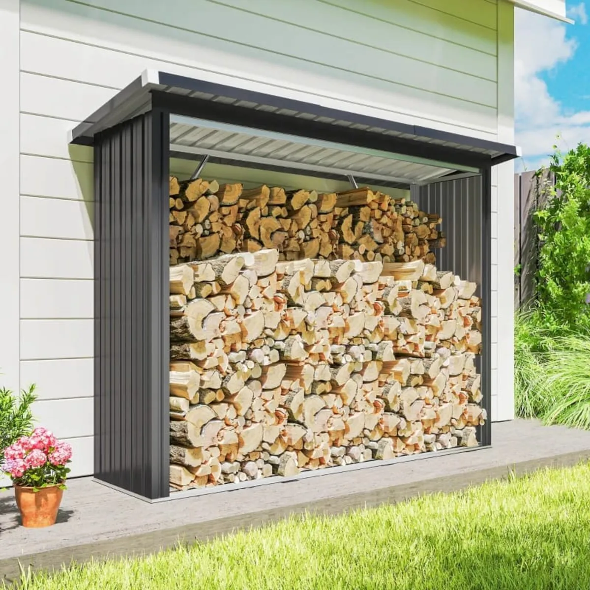 Covered Log Shelter Firewood Rack with Elevated Fl - Image 1