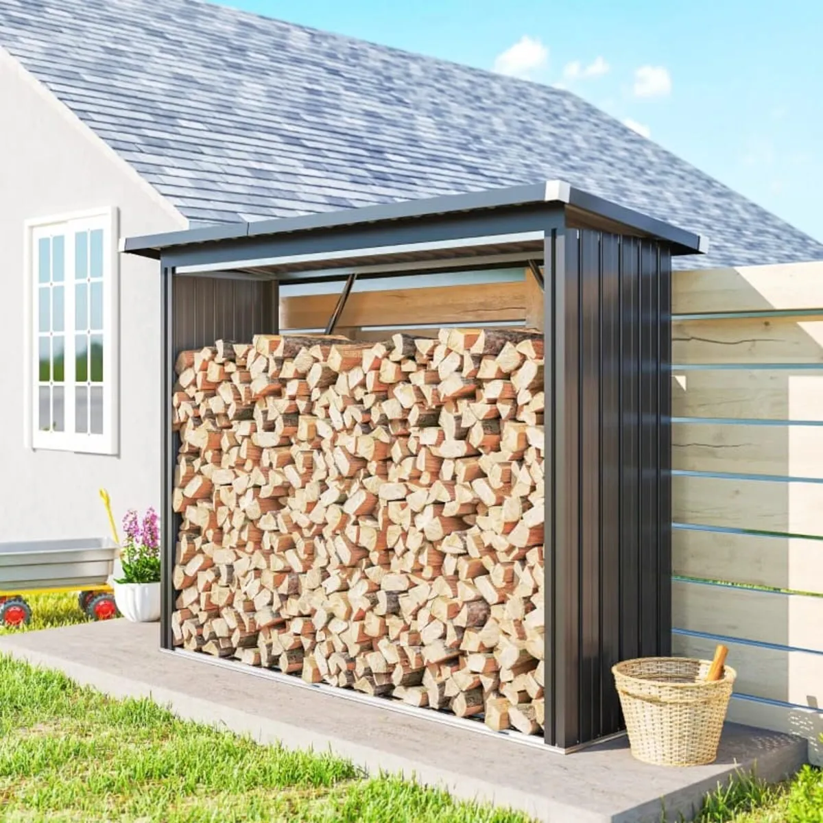 Covered Log Shelter Firewood Rack with Elevated Fl - Image 3