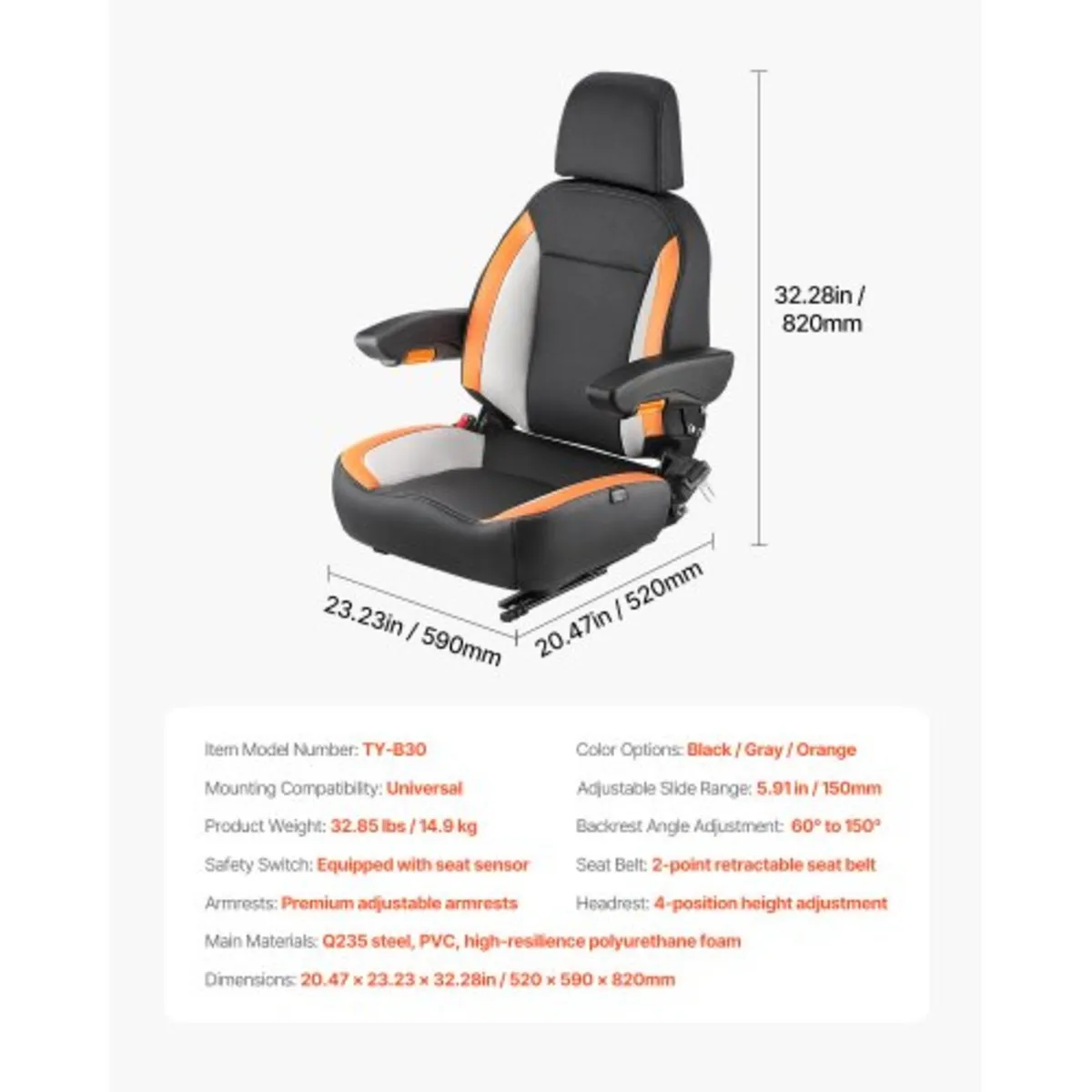 Universal Forklift Seat, Tractor Seat with Adjusta - Image 2