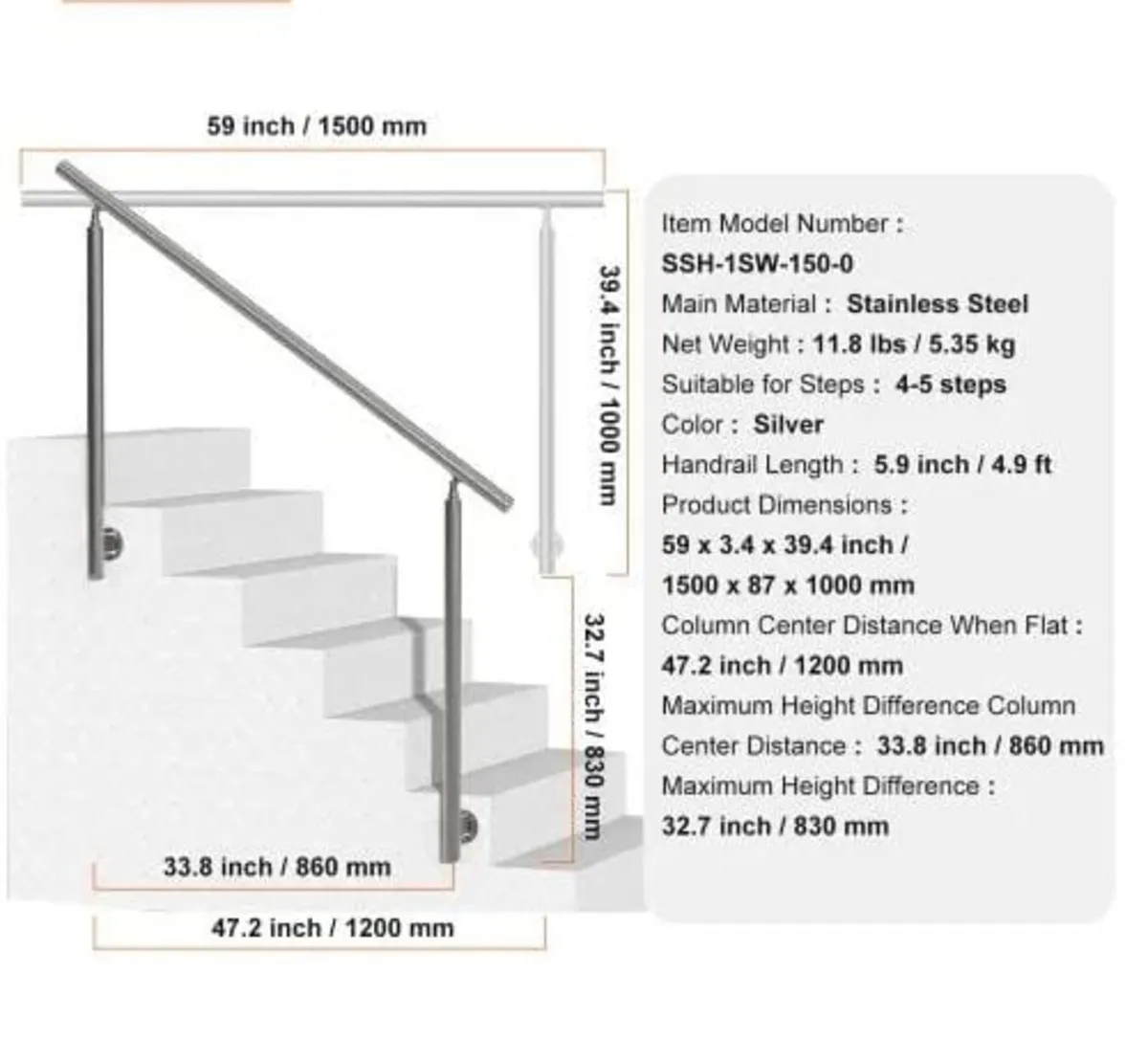 149.9 cm Handrails for Outdoor Steps Staircase for - Image 2