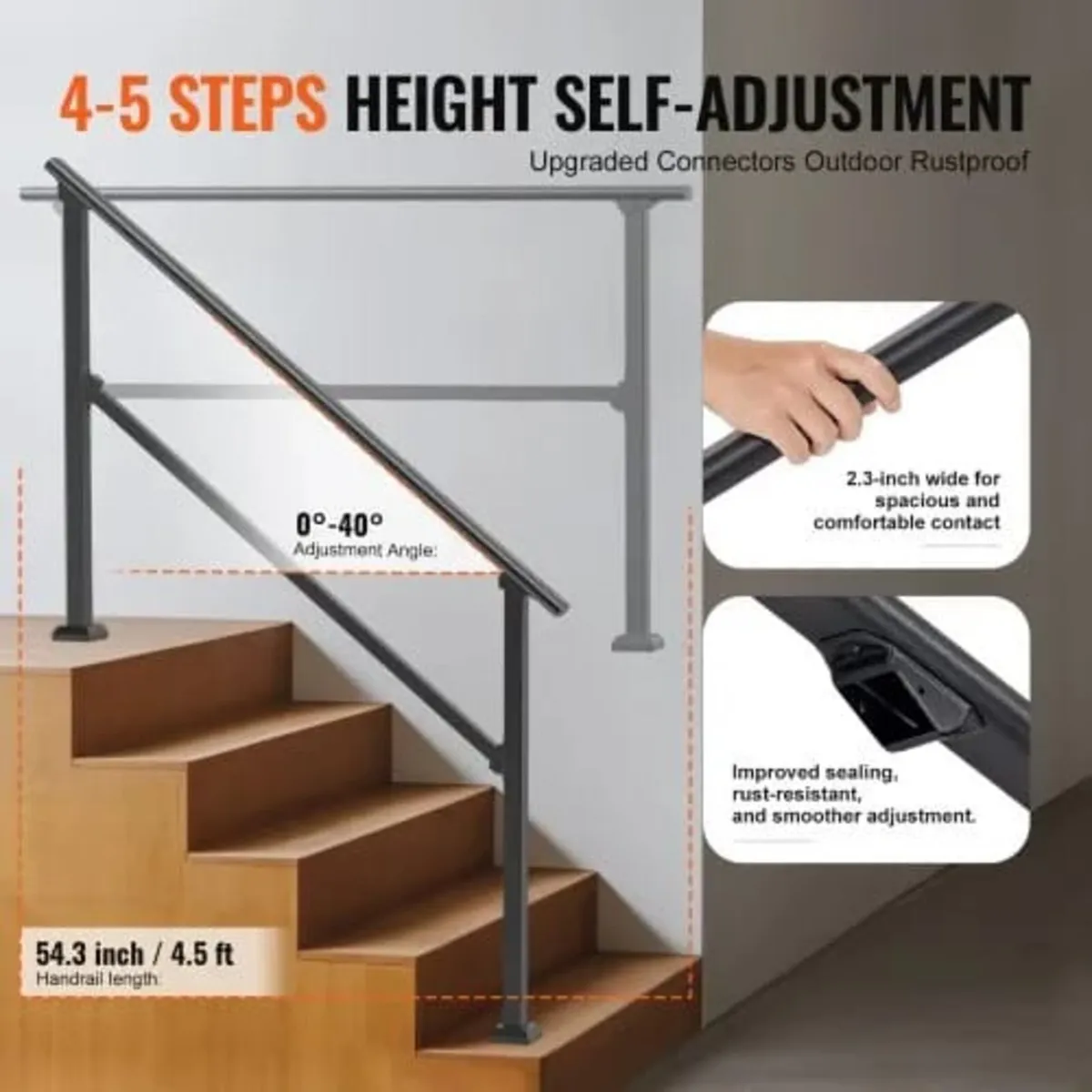 Handrails for Outdoor Steps, 4-5 Step Stair Hand R - Image 2