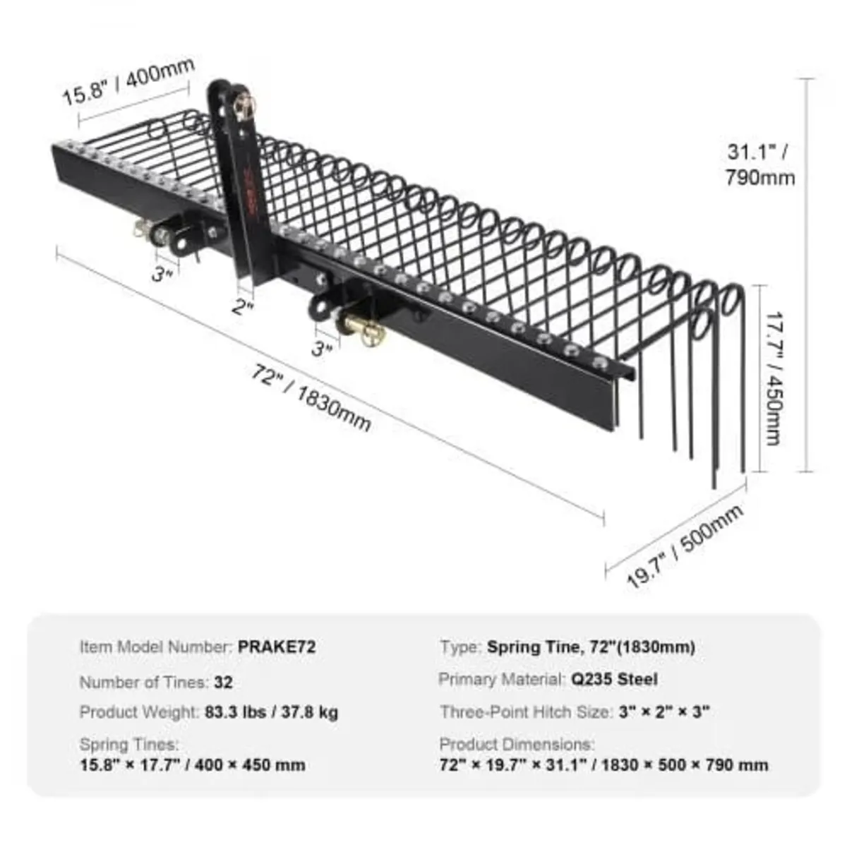 Tow Behind Landscape Rake 72"/183 cm Lawn Dethatch - Image 4