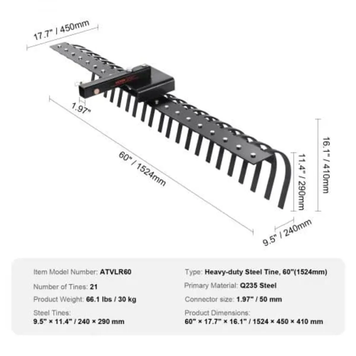 Tow Behind Landscape Rake, 60" Tow Dethatcher with - Image 3