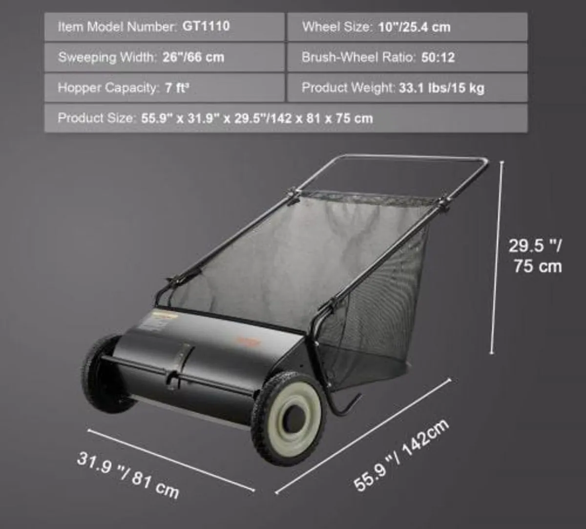 Push Lawn Sweeper, 26-inch Leaf & Grass Collector, - Image 4