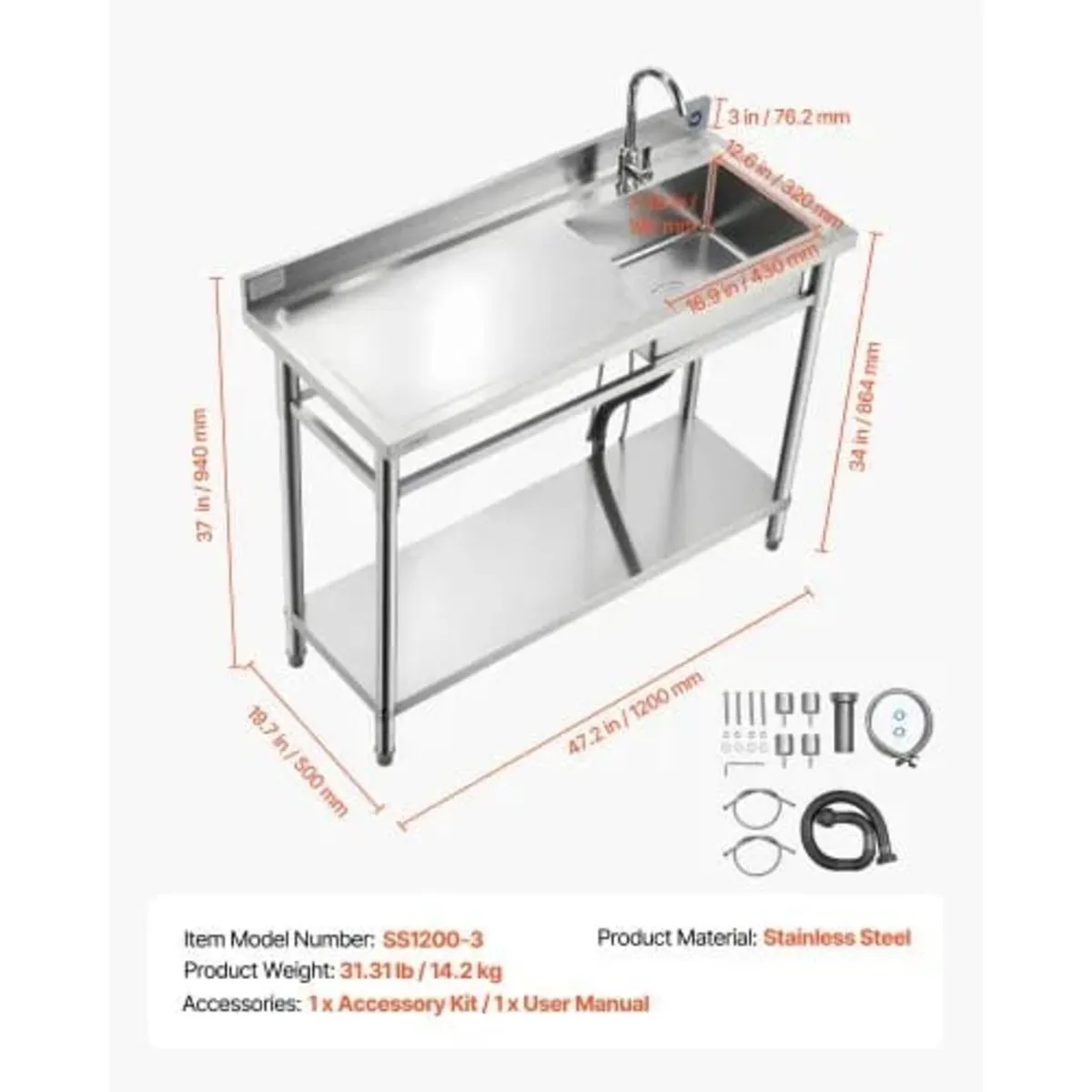 Stainless Steel Utility Sink, Free Standing Single - Image 2