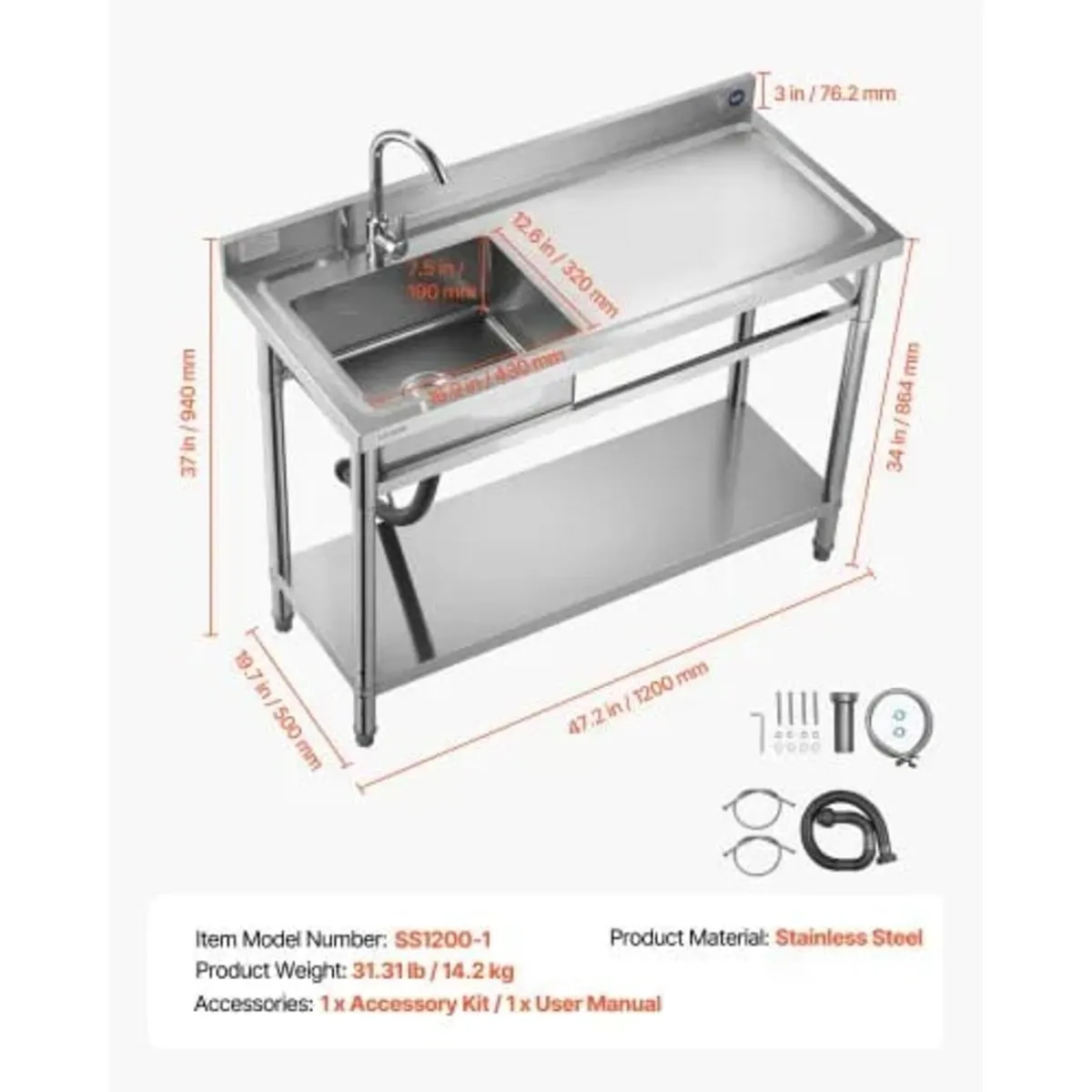Freestanding Single Bowl Commercial Kitchen Sink w - Image 3