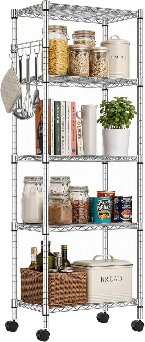 5-Tier Wire Shelving Unit on Wheels Chrome 59W - Image 1