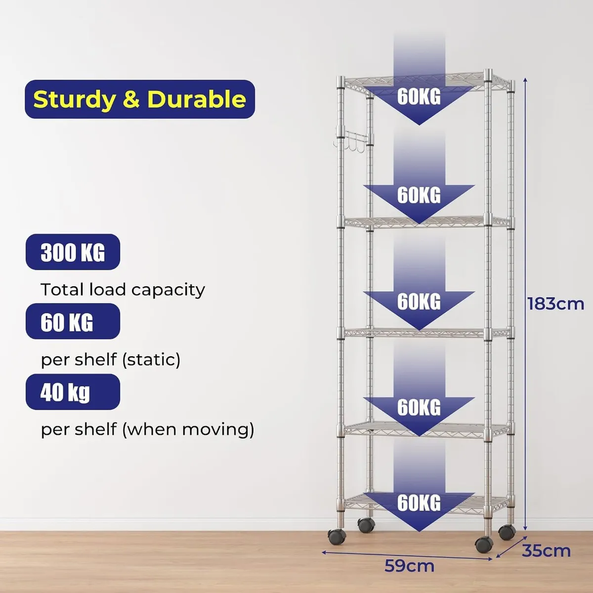 5-Tier Wire Shelving Unit on Wheels Chrome 59W - Image 3