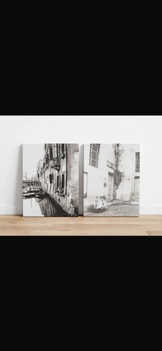 Pair of 2 Italian Canvas Prints - Venice Canal & Vespa Scooter - Black & White Wall Art - Image 1