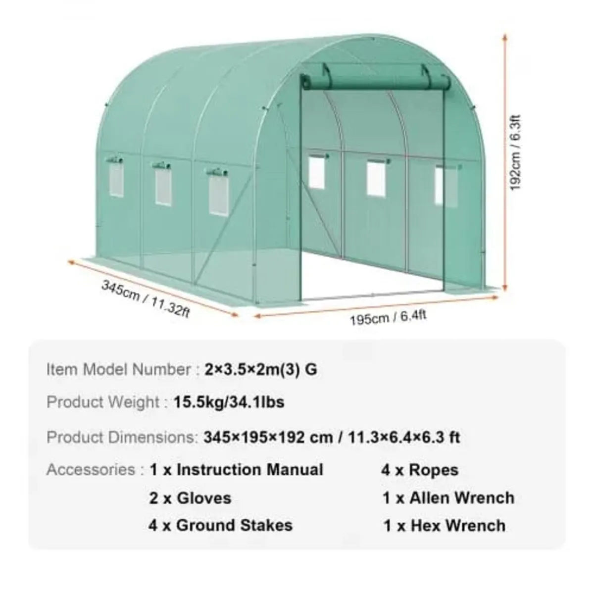 Walk-in Tunnel Greenhouse, 11.3x6.4x6.3 ft Hoop Ho - Image 2