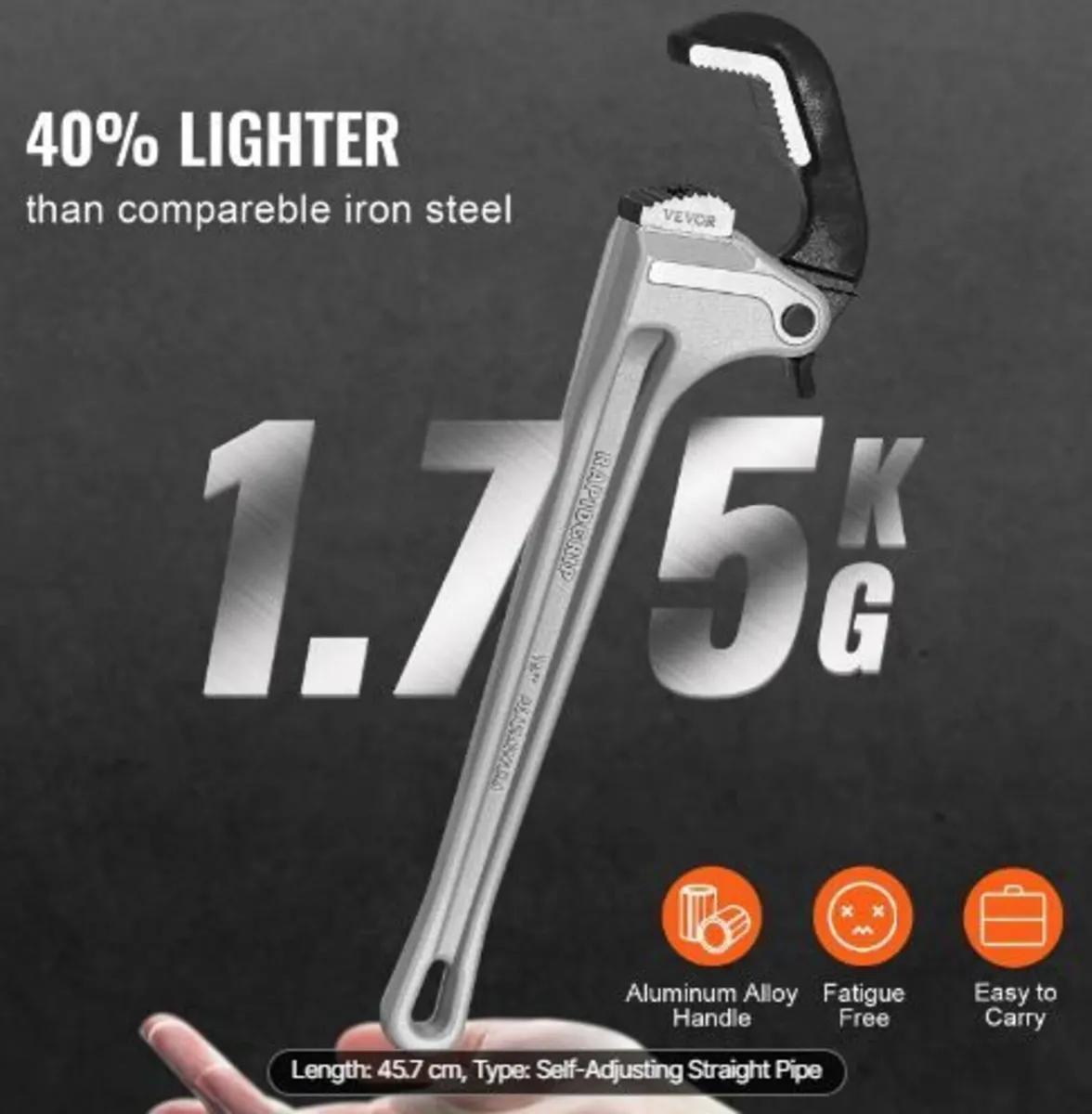 Pipe Wrench, 18" Aluminum Straight Pipe Wrench - Image 2