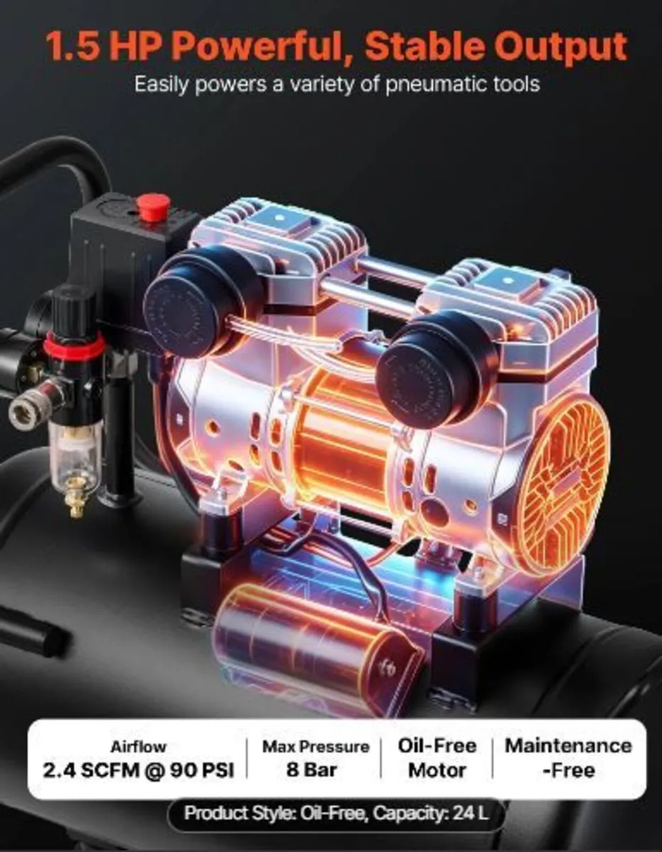 24L Air Compressor, 1.1KW Oil-Free Air - Image 3