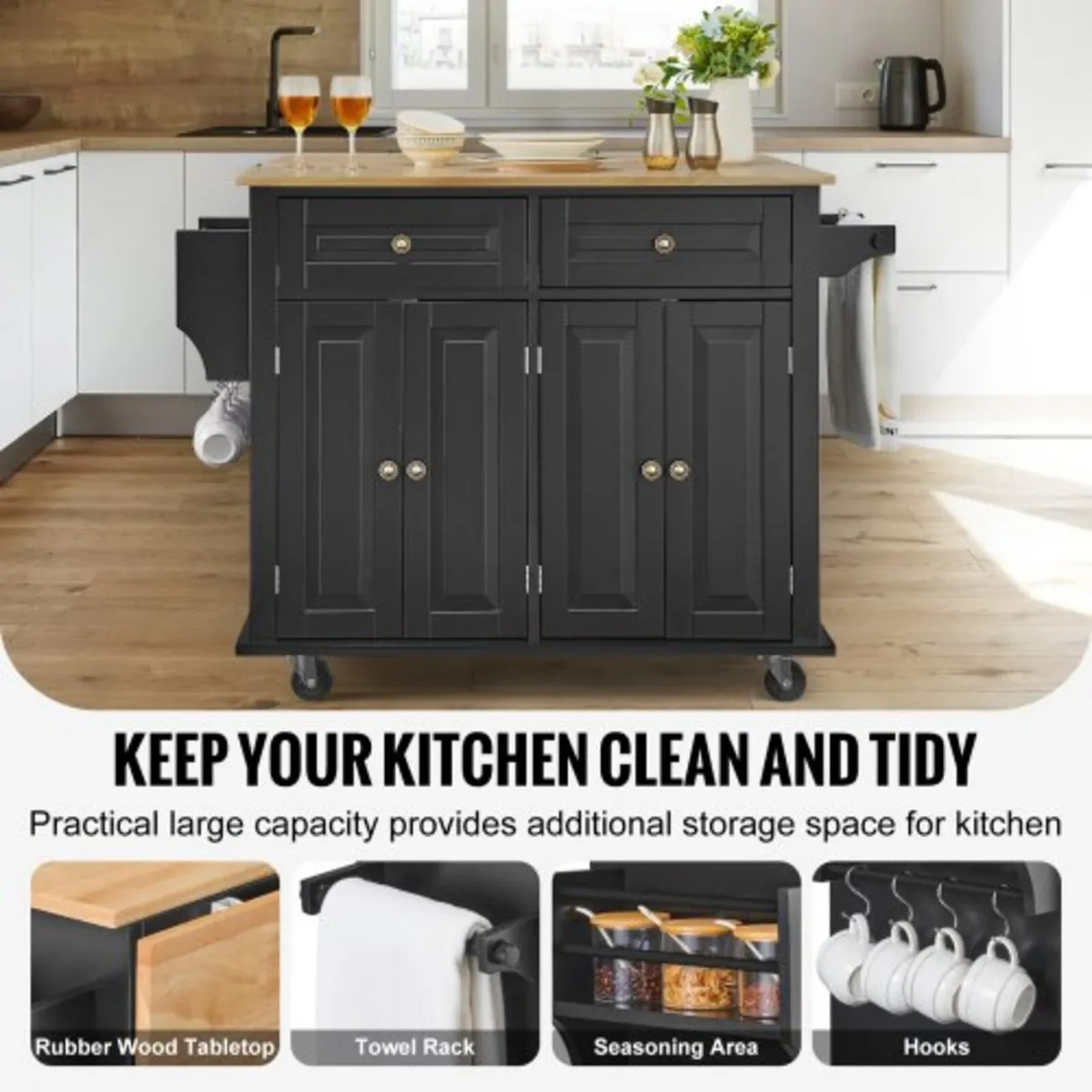 Kitchen Island Cart, 43" Wood Top Mobile Carts wit - Image 3