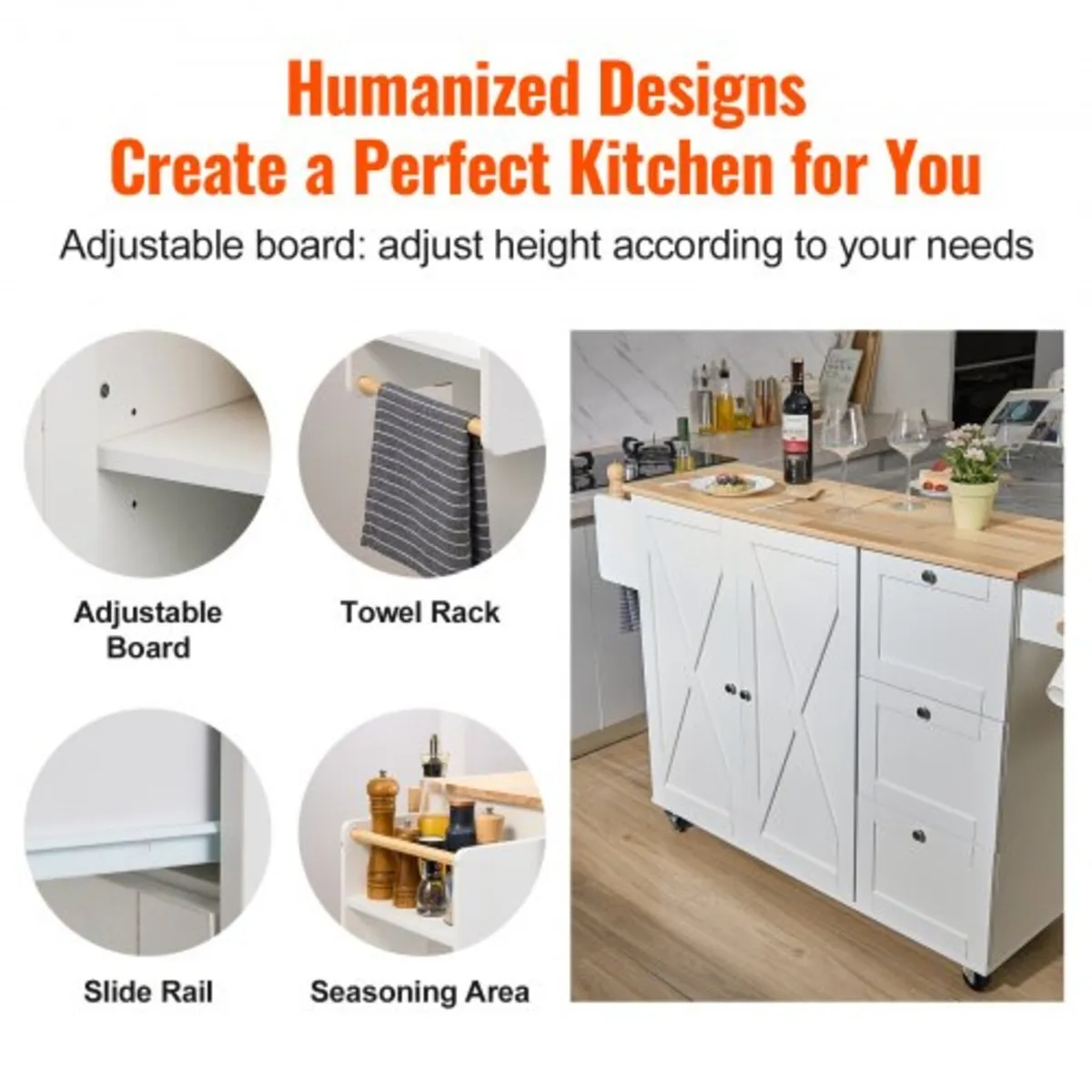 Kitchen Island Cart with Solid Wood Top, 115 cm Wi - Image 4
