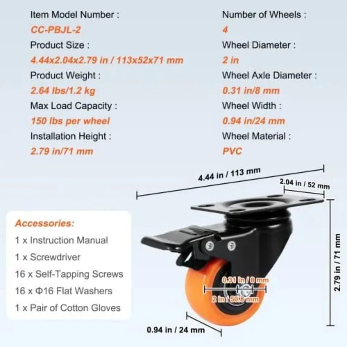Caster Wheels, 5.1 cm Swivel Plate Casters, Set of - Image 3