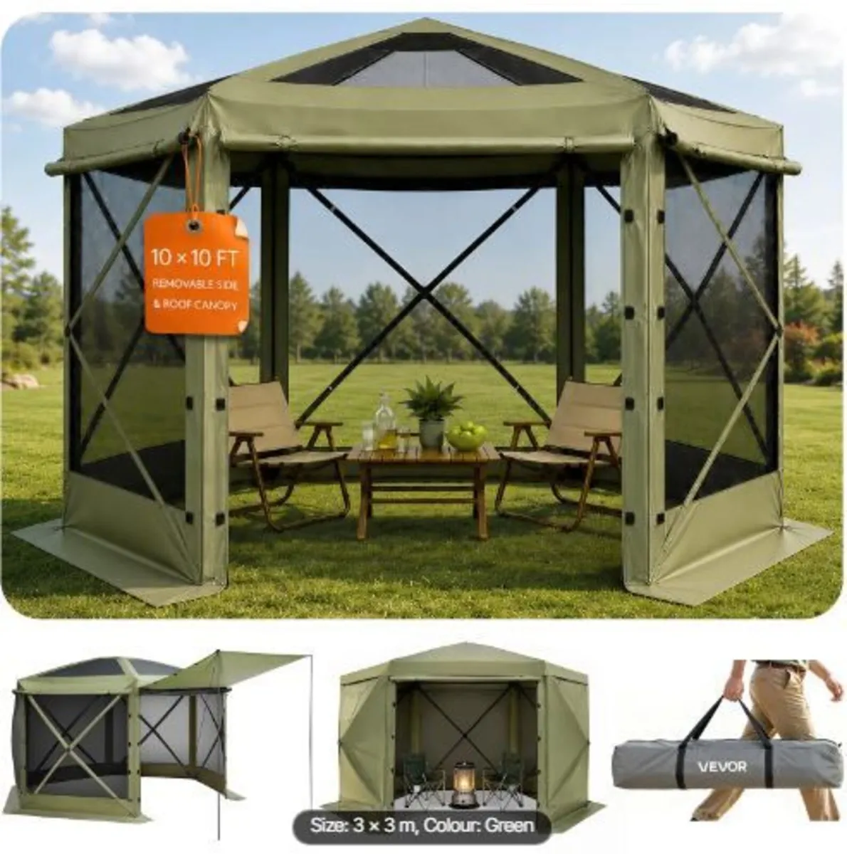 Pop up Gazebo Screen Tent, 3x3 m Large 6-Sided - Image 3