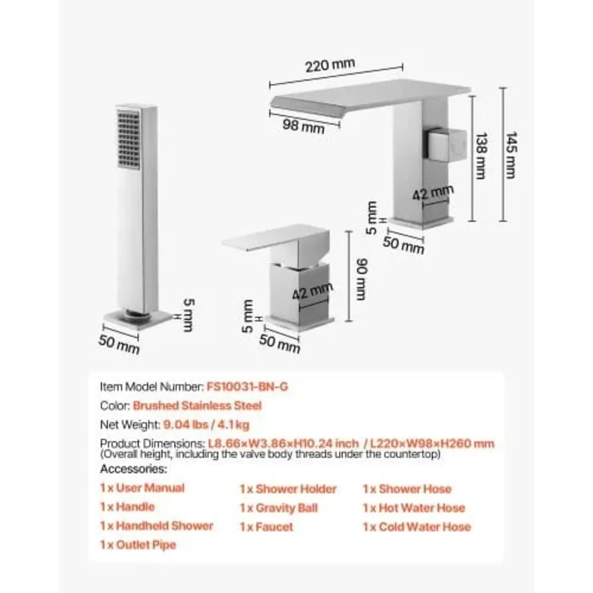 Roman Tub Faucet, 3 Hole Waterfall Bathtub Faucet, - Image 3