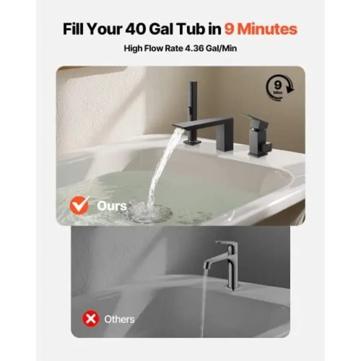 Black Roman Tub Faucet, 3 Hole Waterfall Bathtub F - Image 2