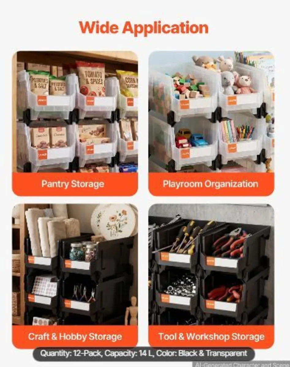 Plastic Stackable Storage Bins, 37.7 x 21.5 x 18 c - Image 2