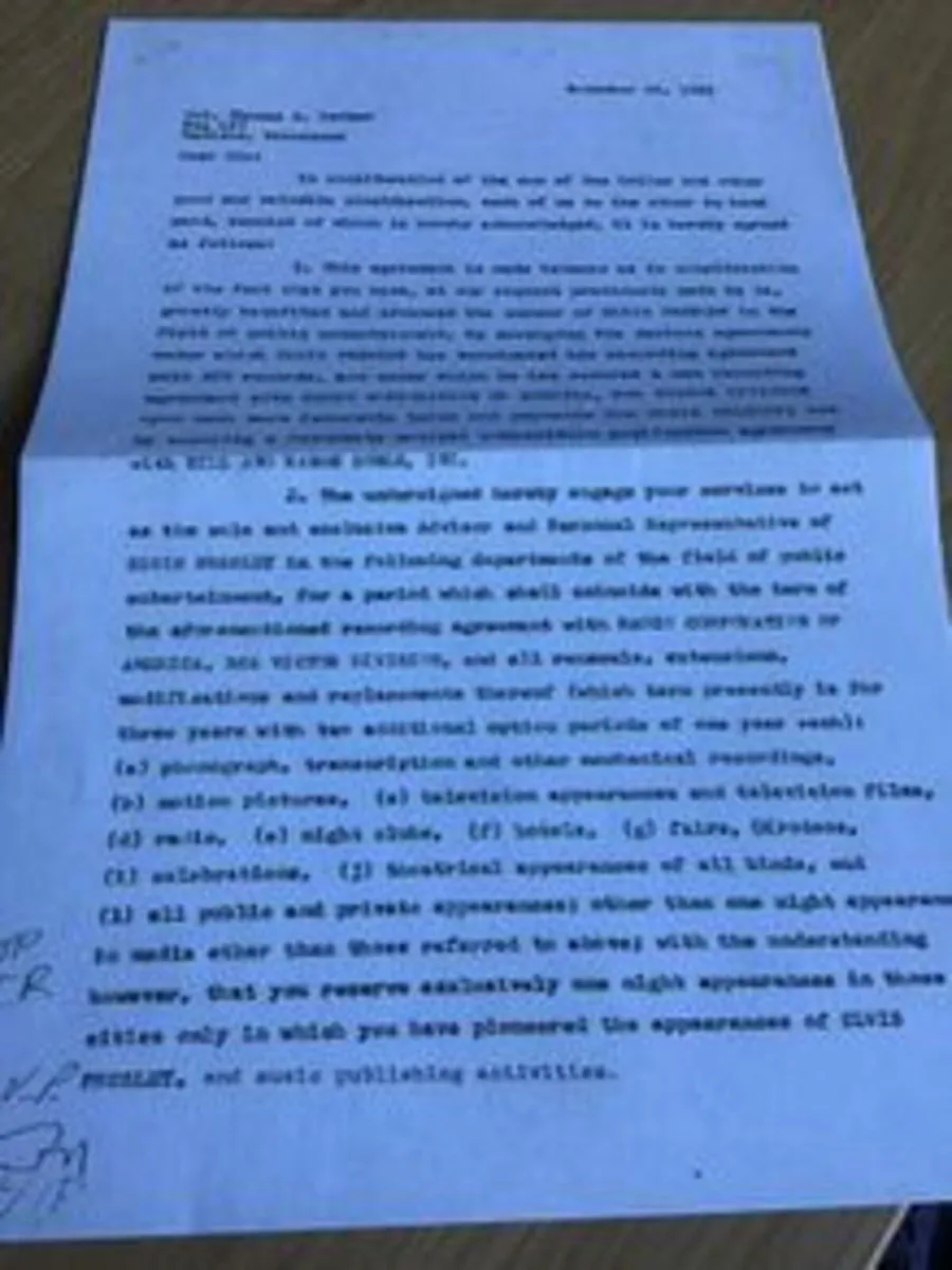 Elvis Memorabilia- Agreement Contract