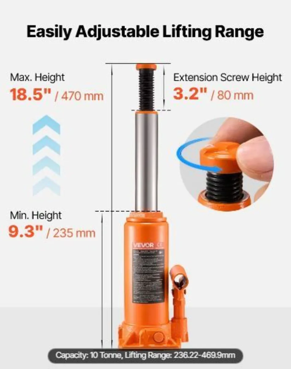 Hydraulic Bottle Jack, 10 Ton Load Capacity - Image 1