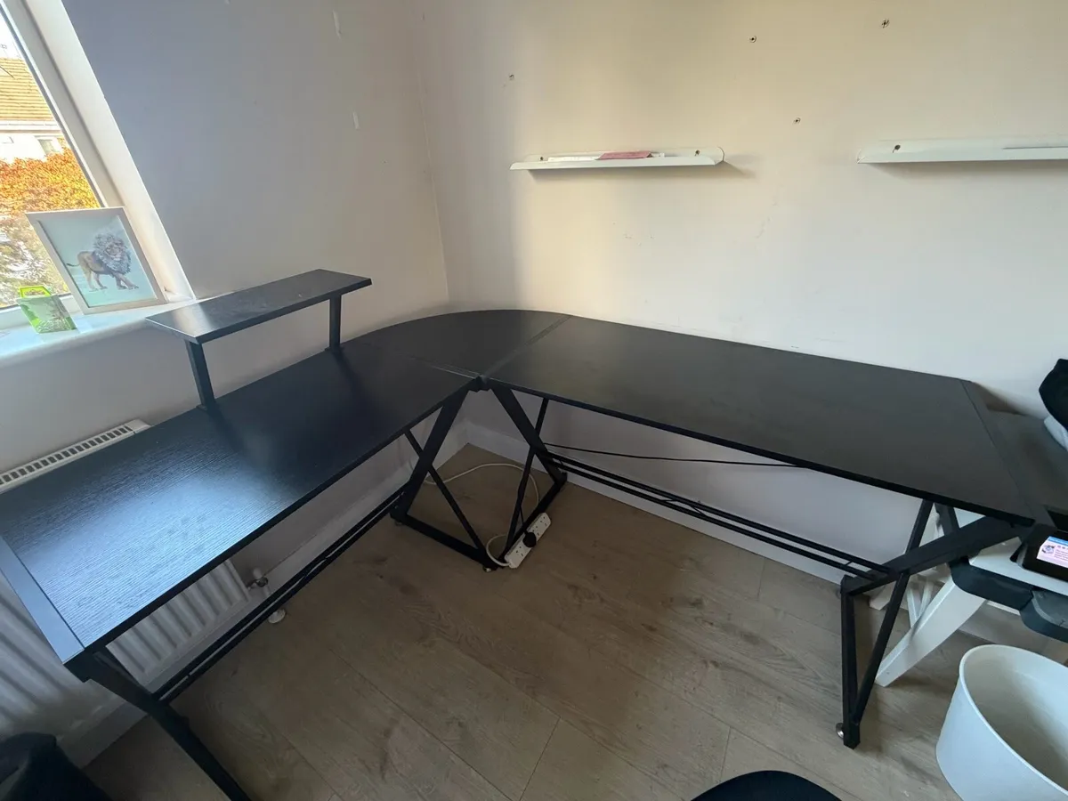Black L-Shaped Corner Desk with Monitor Shelf - Image 2