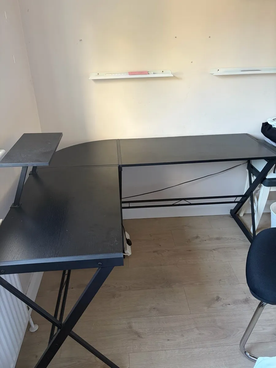 Black L-Shaped Corner Desk with Monitor Shelf - Image 3