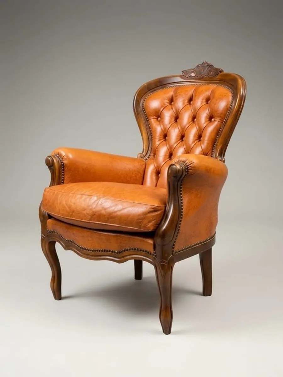 Vintage French Walnut & Brown Leather Armchair - Image 1