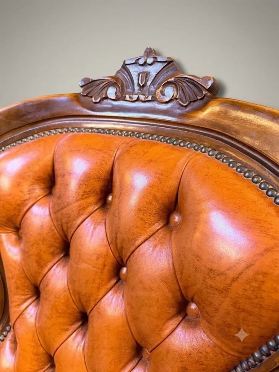 Vintage French Walnut & Brown Leather Armchair - Image 2