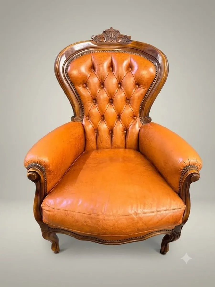 Vintage French Walnut & Brown Leather Armchair - Image 3