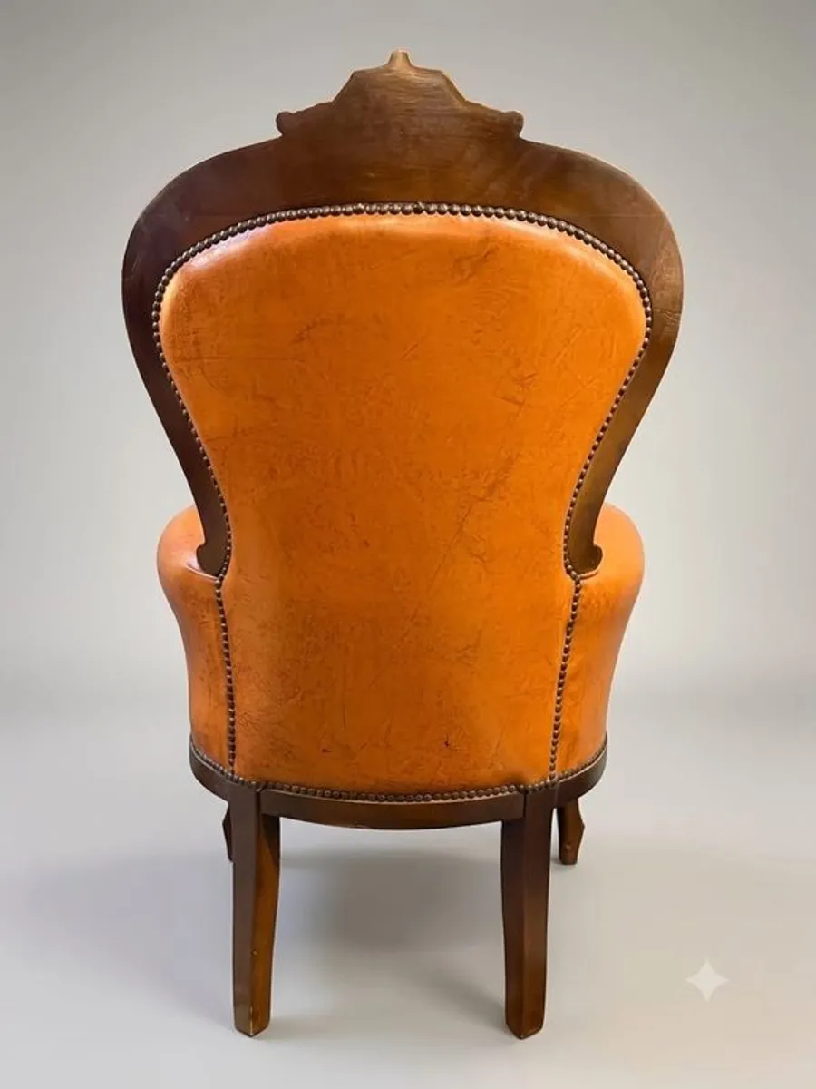 Vintage French Walnut & Brown Leather Armchair - Image 4