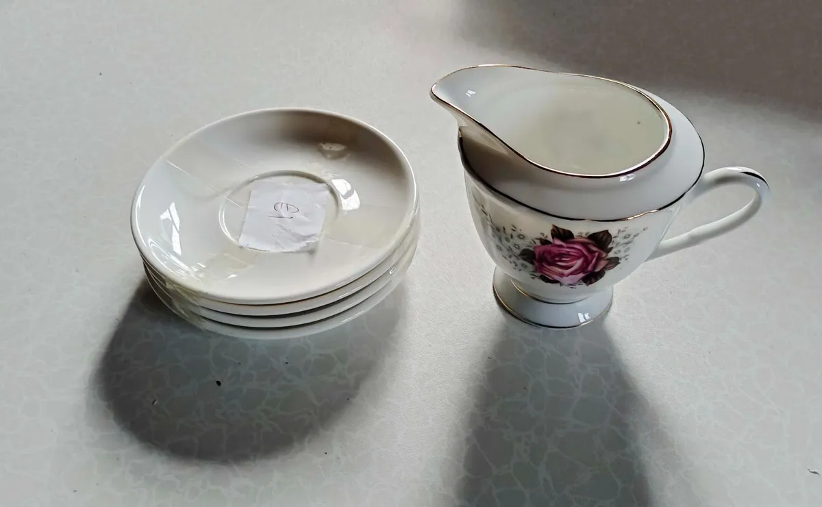 Milk Jug & 4 White Porcelain Saucers (used). - Image 1