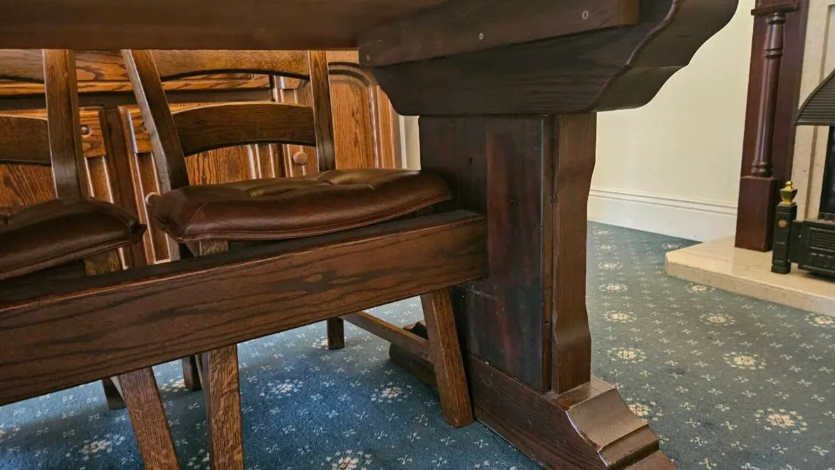 Hardwood dining table and six chairs - Image 3