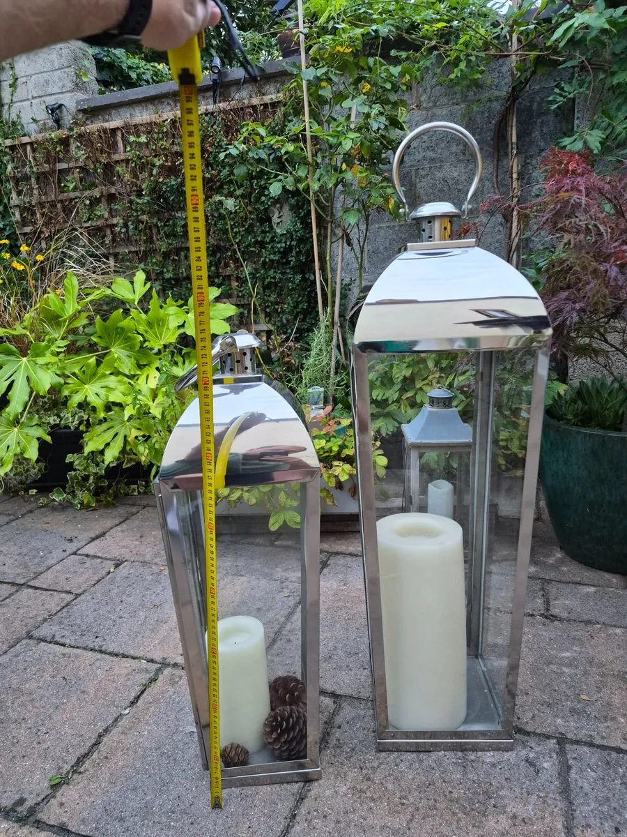 Pair of Large Stainless Steel & Glass Lanterns - Image 1