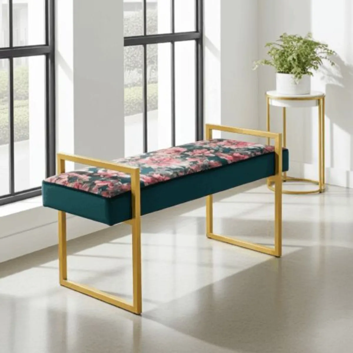 Tropical Velvet Bench Gold Metal Frame - Image 1