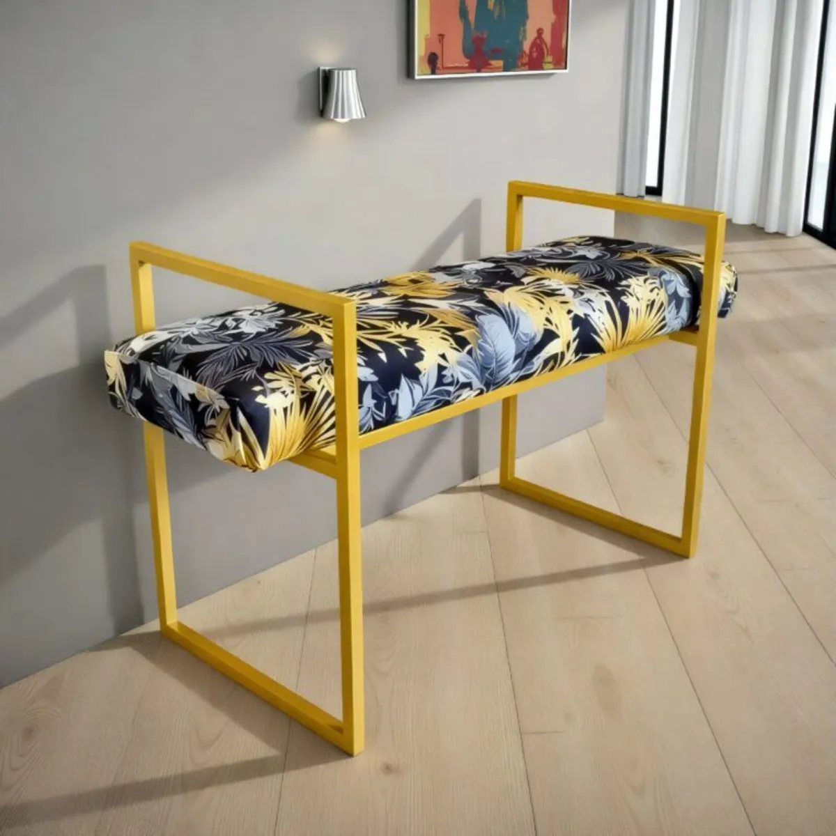 Tropical Velvet Bench Gold Metal Frame - Image 2