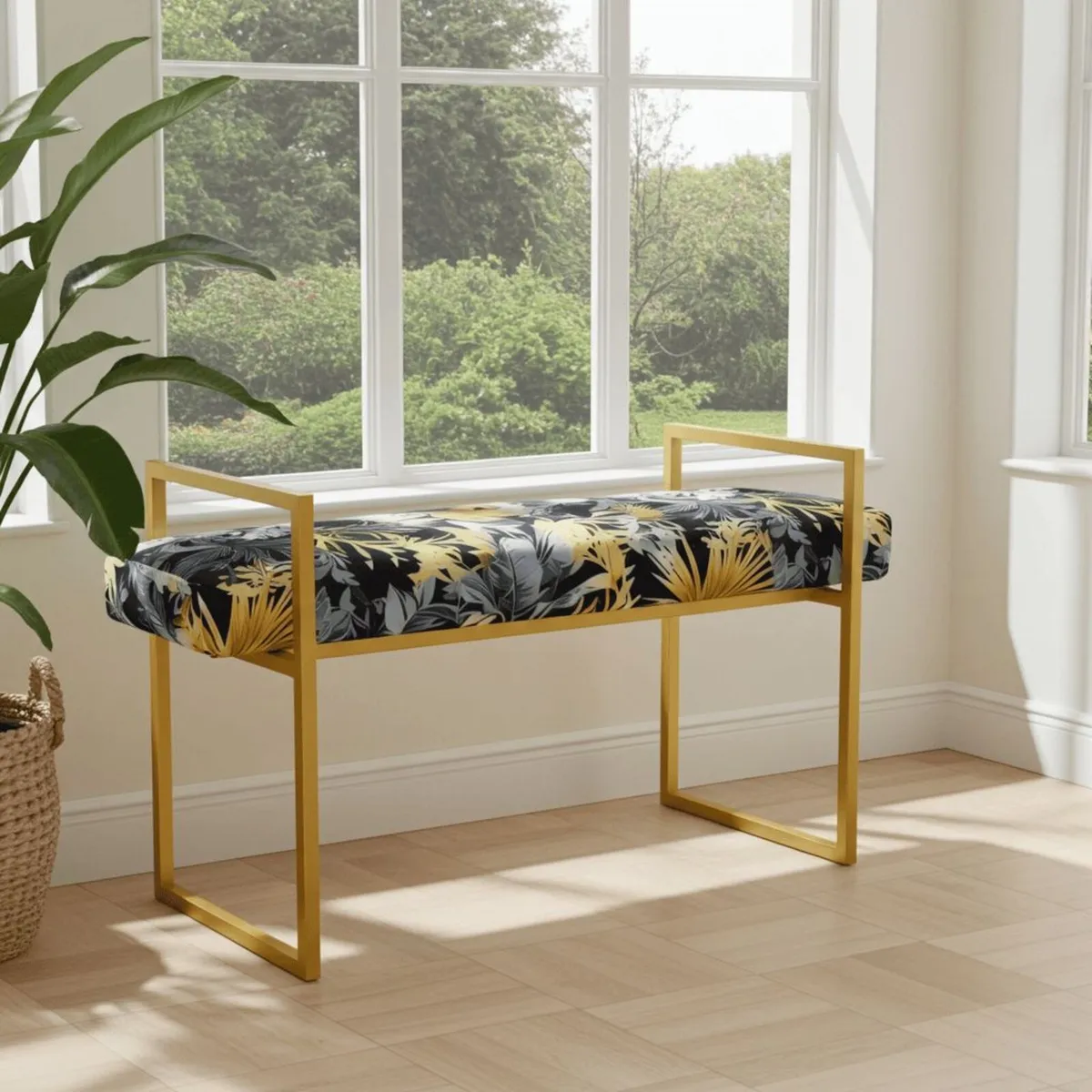 Tropical Velvet Bench Gold Metal Frame - Image 3