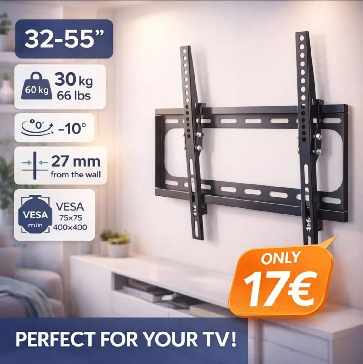 TV Wall Mount Bracket Flat Tilt 32-55" - Image 1