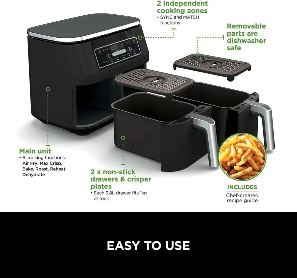 9.5L Dual Drawer Air Fryer 6-in-1 - Image 2