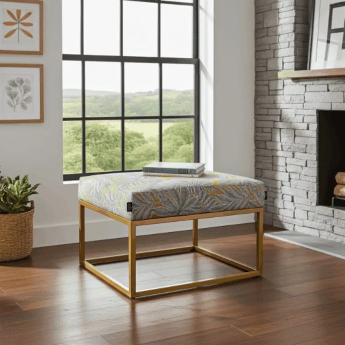 Gray Fabric Square Ottoman 60x60 Metal Frame - Image 3