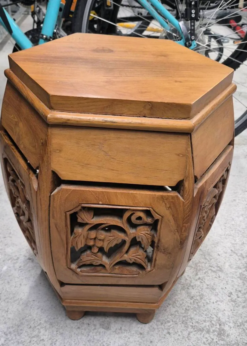 Hand-Carved Wooden Hexagonal Side Table - Image 3