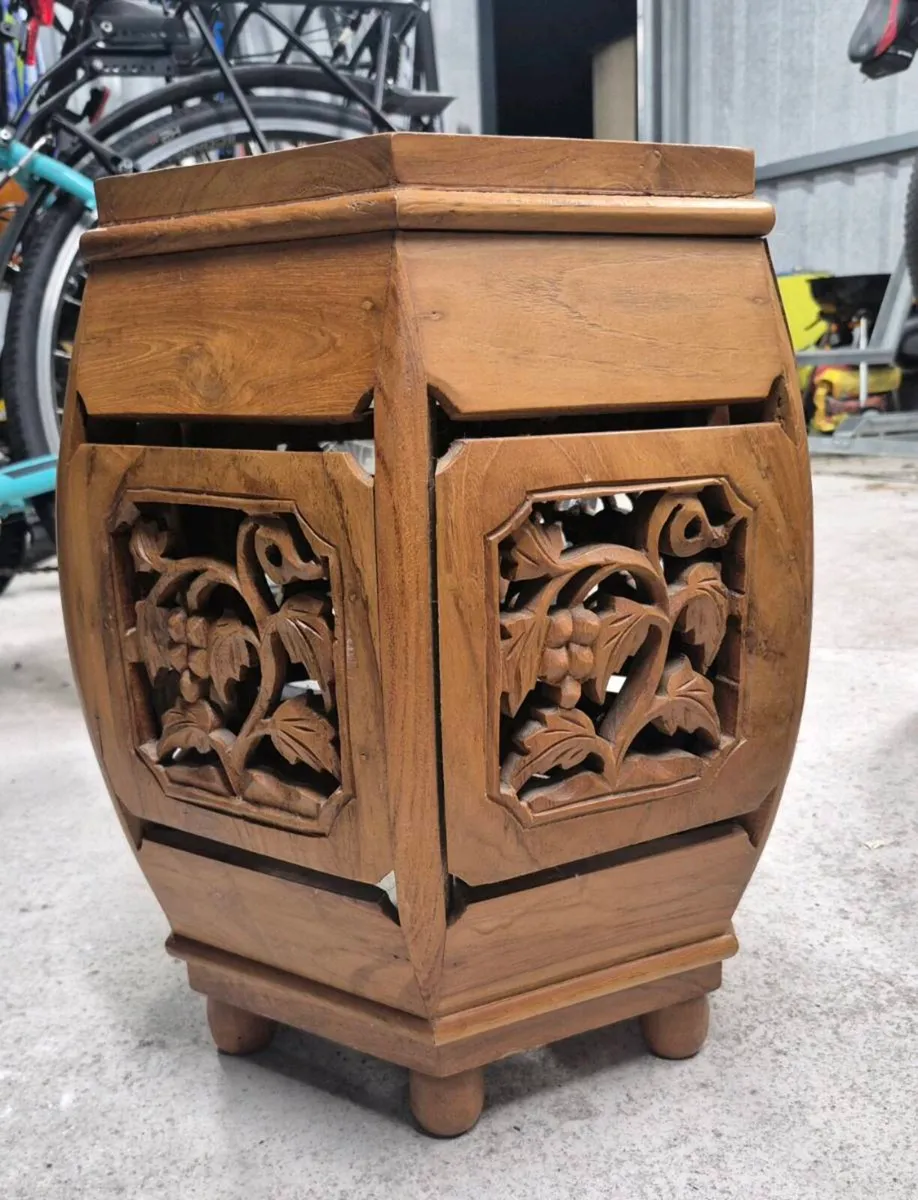 Hand-Carved Wooden Hexagonal Side Table - Image 1