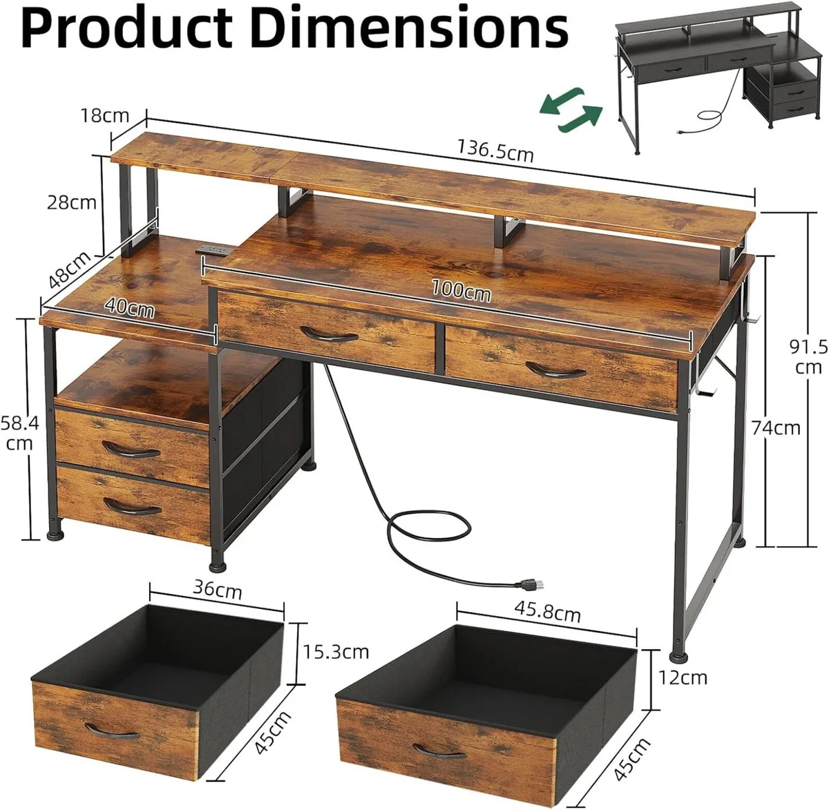 135CM Computer Desk with Power Outlet and Drawers - Image 3