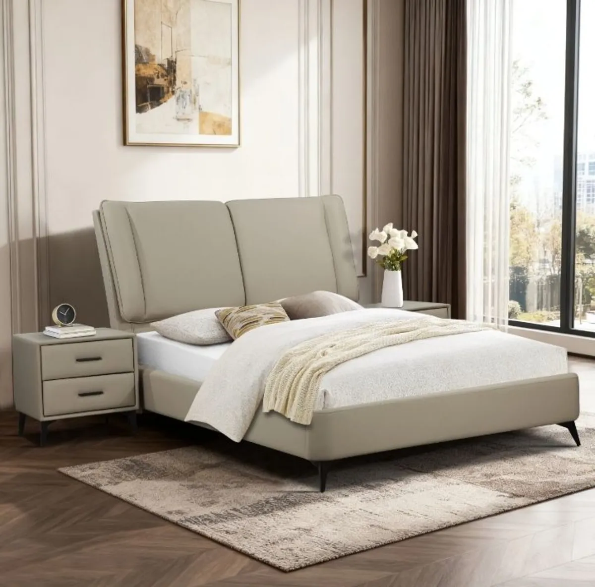 Antrim Beige Faux Leather Bed - Image 1