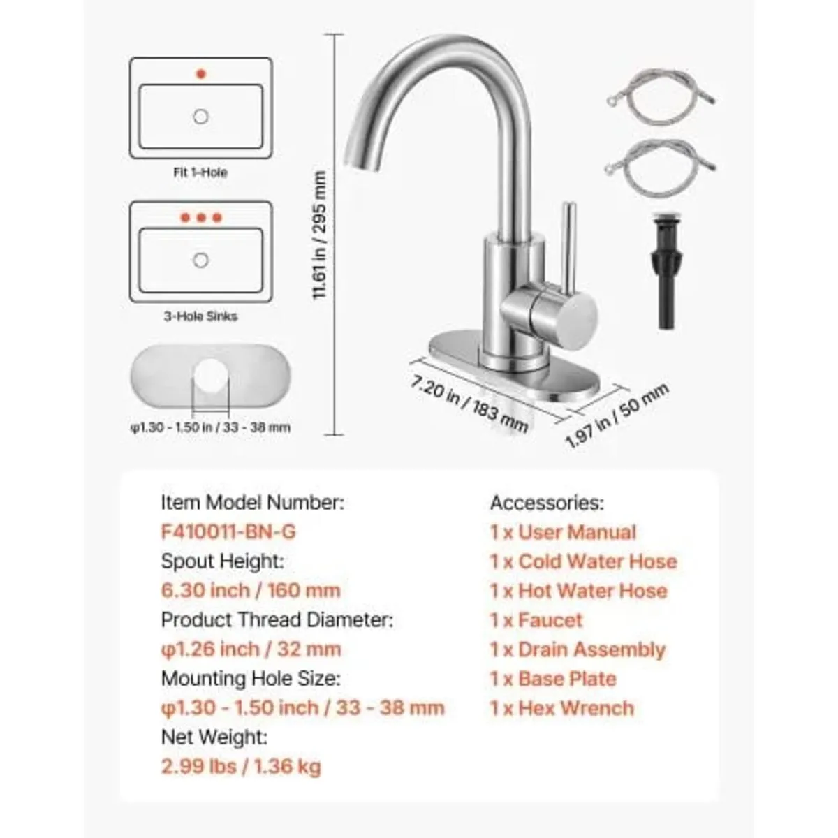 Single Handle Sink Faucet, Brushed Nickel Single H - Image 4
