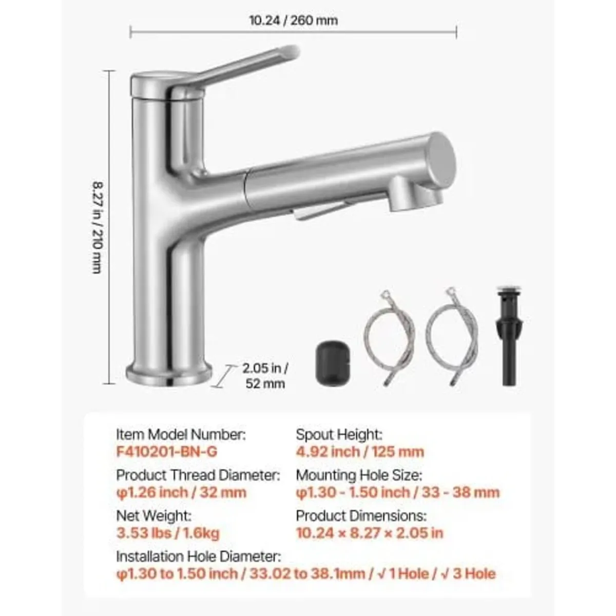 Single Handle Pull Out Faucet 1 or 3 Hole, Brushed - Image 3