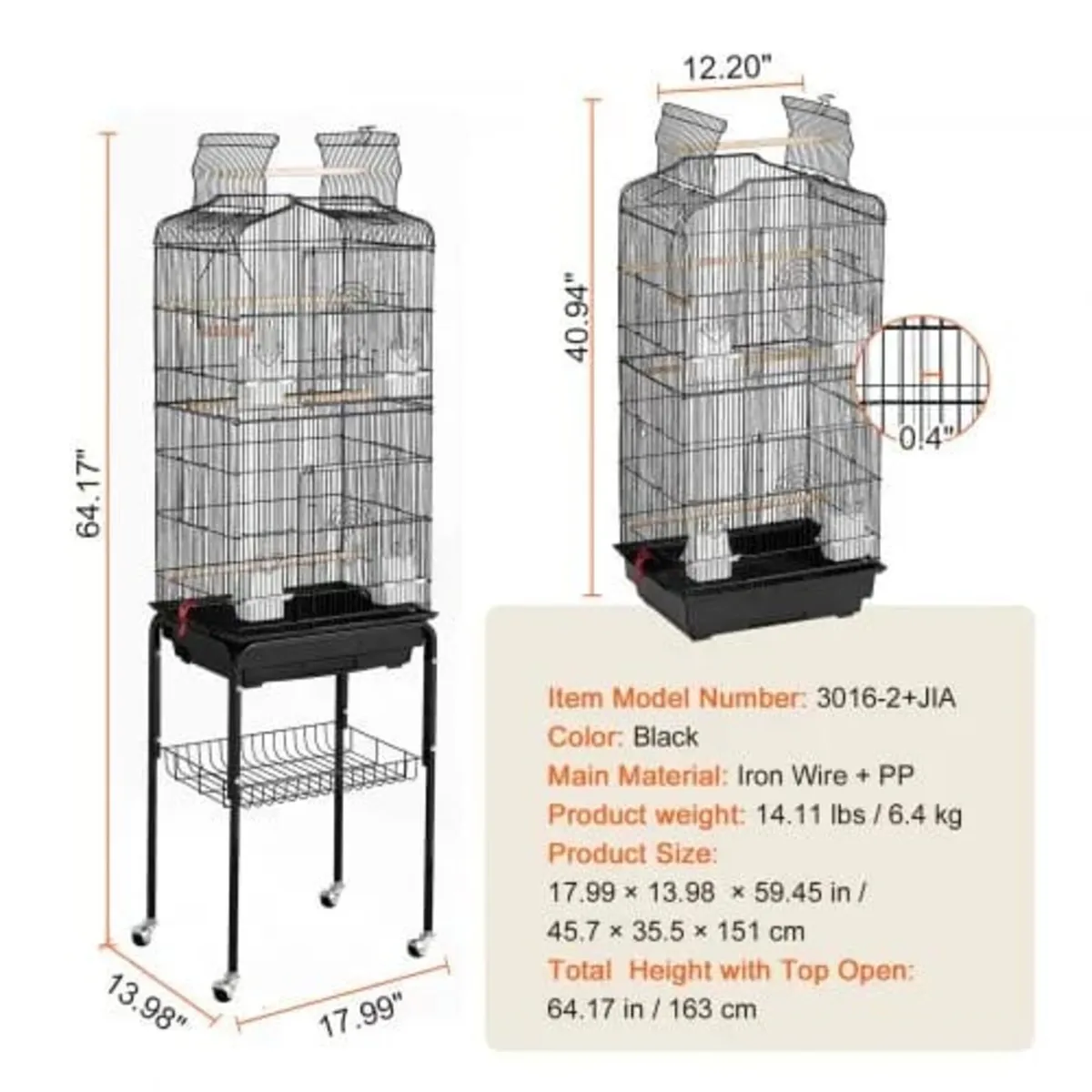 Large Bird Cage, 62 in, Open Top Parakeet Cage wit - Image 4