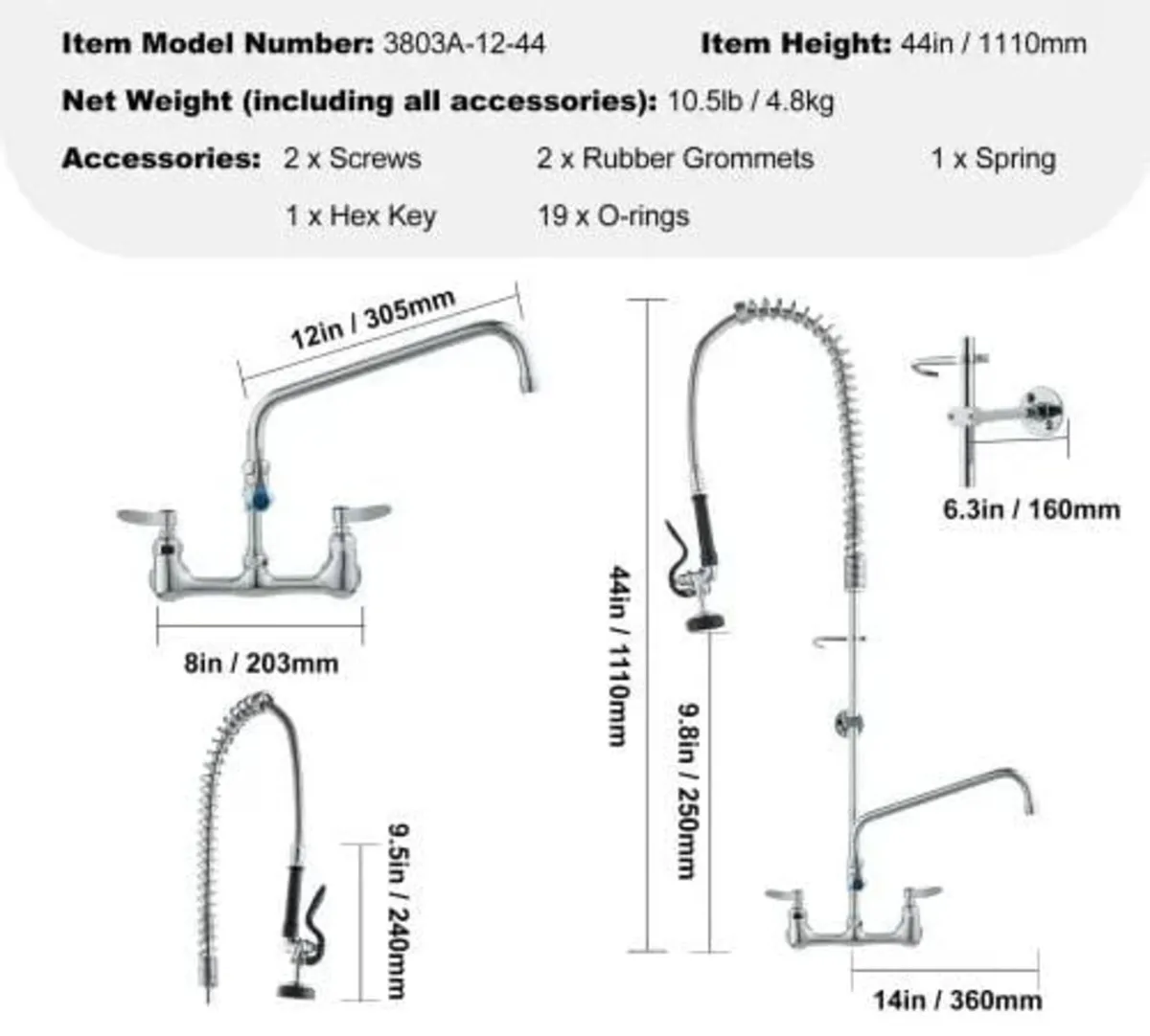 Commercial Faucet with Pre-Rinse Sprayer, 44" Heig - Image 2